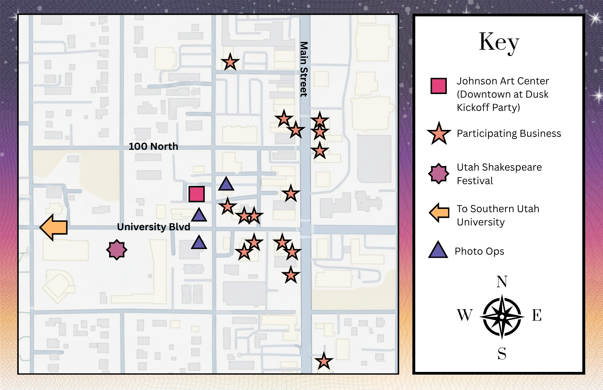 Map of participating businesses For Downtown at Dusk